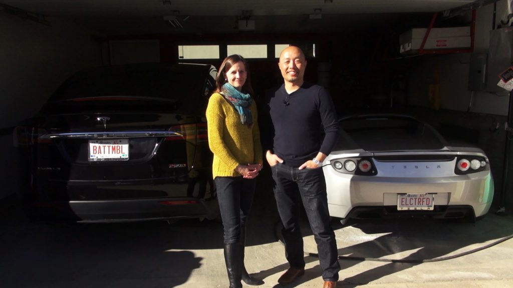 Rhonda Blair and Ed Ma with their Tesla Model X and their Tesla Roadster EVs. 