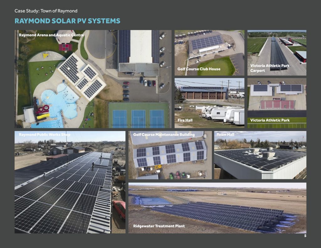 Solar installations on town buildings in Raymond, Alberta