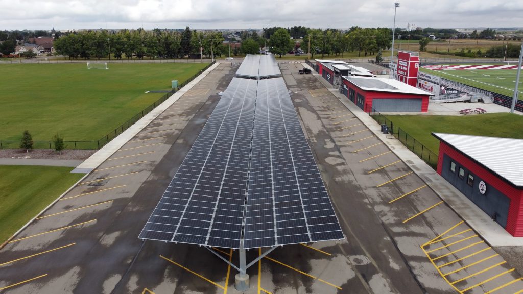 Solar canopy at Victoria Sports Park in Raymond, Alberta