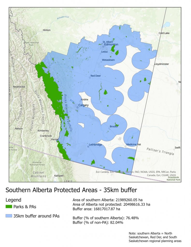 CPAWS map showing 35 kilometre buffer zones around protected areas